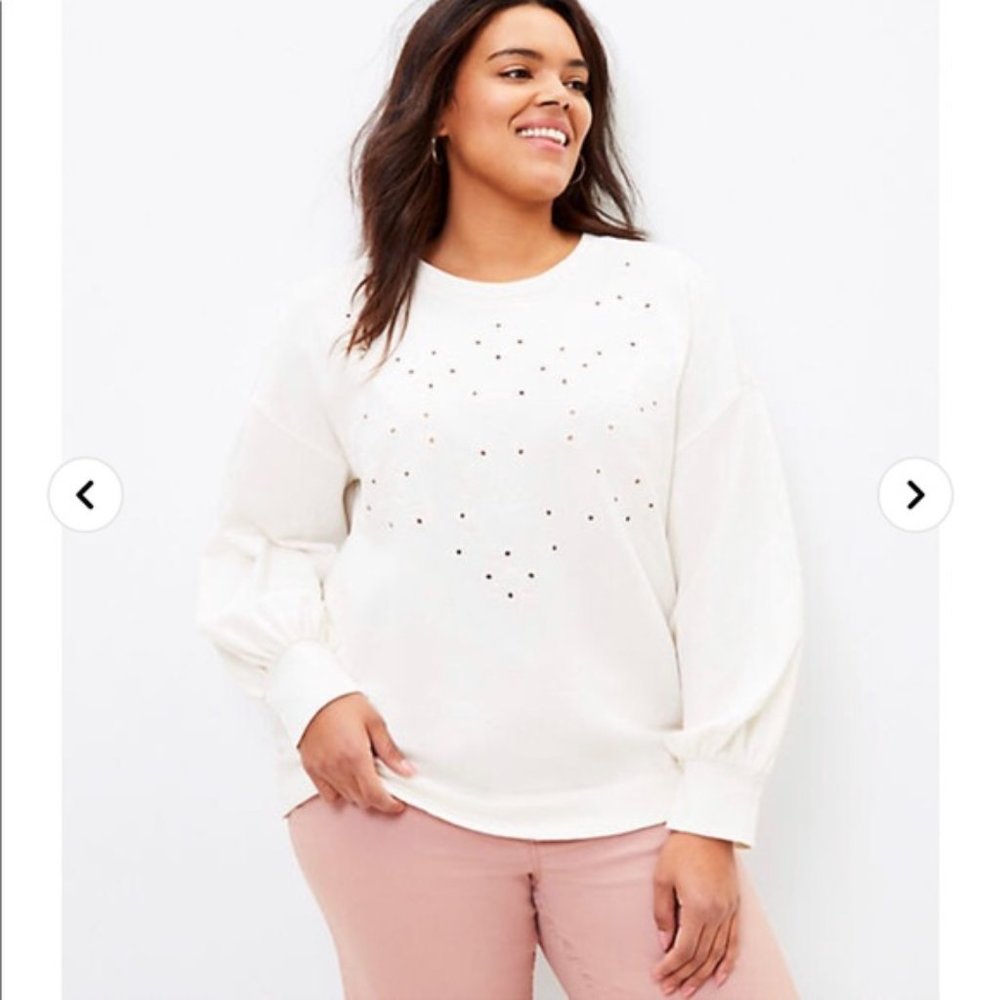 Loft Plus White Embroidered Eyelet Balloon Sleeve Sweatshirt